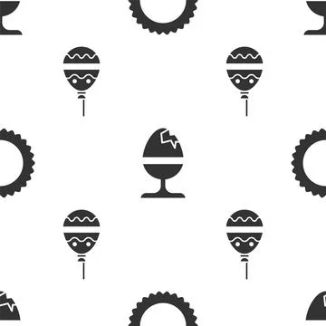Set Sun, Chicken egg on a stand and Balloons with ribbon on seamless pattern Stock-Illustration