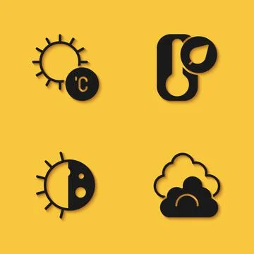 Set Sun, Cloud, Day night cycle and Thermometer icon with long shadow. Vector Stock Illustration