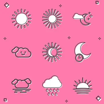 Set Sun, Cloud with moon and stars, Eclipse of the sun, Sleeping, and rain icon 스톡 일러스트