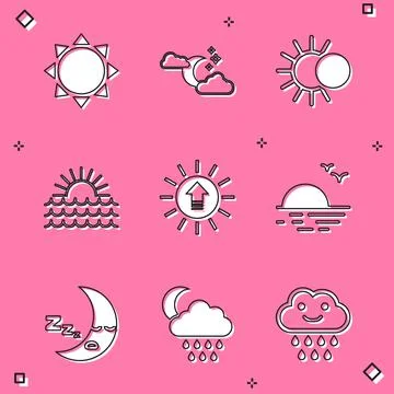Set Sun, Cloud with moon and stars, Eclipse of the sun, Sunset, Moon icon and Ilustração Stock