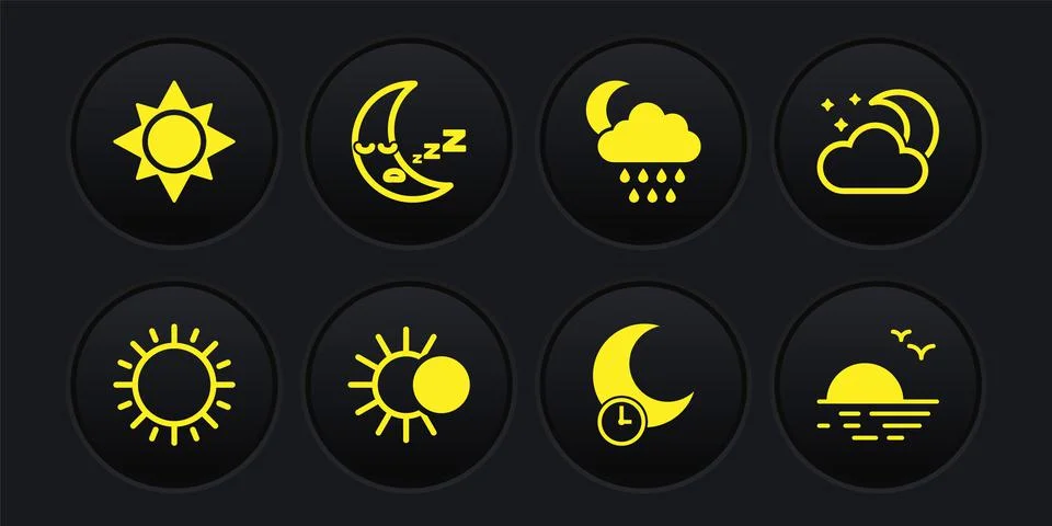 Set Sun, Cloud with moon and stars, Eclipse of the sun, Sleeping, rain, Moon Ilustração Stock