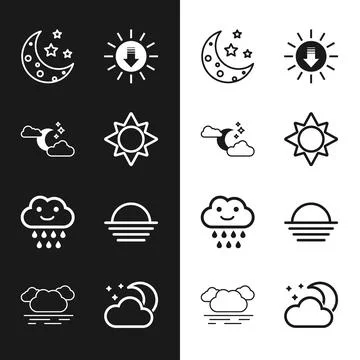 Set Sun, Cloud with moon and stars, Moon, Sunset, rain, and icon. Vector Stock Illustration