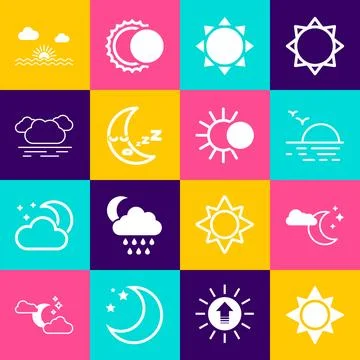 Set Sun, Cloud with moon and stars, Sunset, Moon icon, and Eclipse of the sun Ilustração Stock