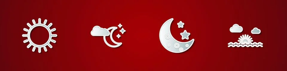 Set Sun, Cloud with moon and stars, Moon and Sunset icon. Vector Illustrazione stock