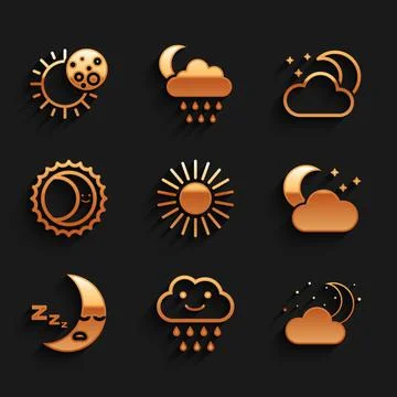 Set Sun, Cloud with rain, moon and stars, Moon icon, Eclipse of the sun, and Ilustração Stock
