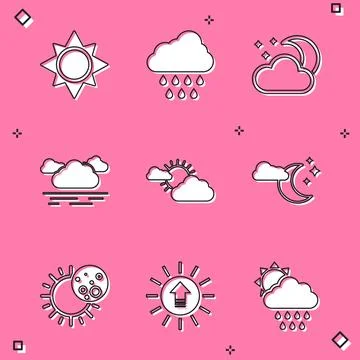 Set Sun, Cloud with rain, moon and stars, cloud weather, Eclipse of sun and Ilustração Stock