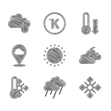 Set Sun, Cloud with rain, Snowflake, moon, Meteorology thermometer, Location Illustrazione stock
