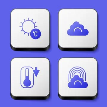 Set Sun, Cloud, Thermometer and Rainbow with cloud icon. White square button Stock Illustration