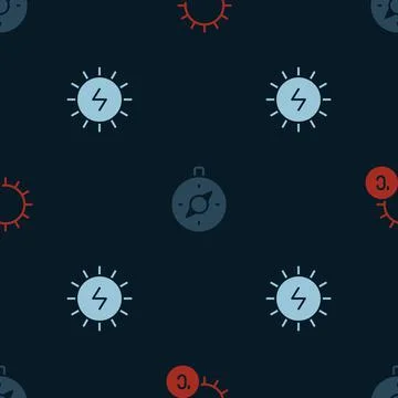 Set Sun, Compass and Solar energy panel on seamless pattern. Vector Illustrazione stock