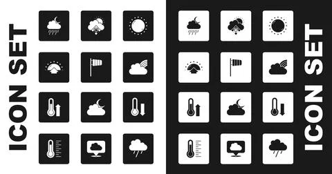 Set Sun, Cone windsock wind vane, Sunrise, Cloud with rain and moon, Rainbow Stock Illustration