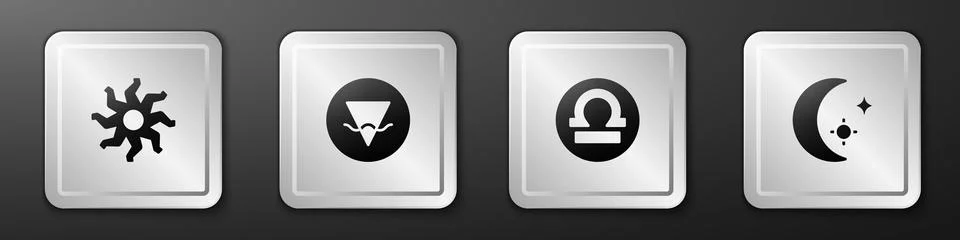 Set Sun, Earth element, Libra zodiac and Moon and stars icon. Silver square Ilustração Stock