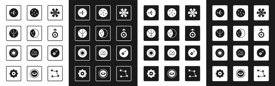 Set Sun, Eclipse of the sun, Neptune planet, Sagittarius zodiac, Symbol Uranus 스톡 일러스트