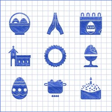 Set Sun, Egg in hot pot, Easter cake and candle, Chicken egg on stand, Church Stock-Illustration