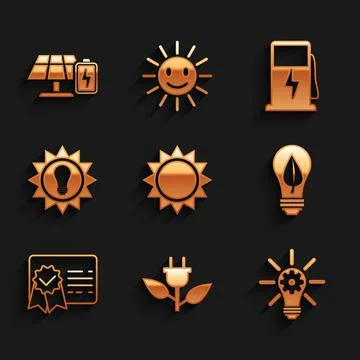 Set Sun, Electric saving plug in leaf, Light bulb with gear, Certificate Illustrazione stock