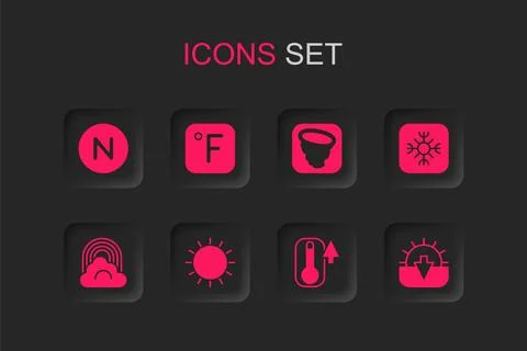 Set Sun, Fahrenheit, Compass north, Thermometer, Snowflake, Sunset, Tornado.. Stock Illustration