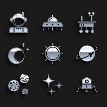 Set Sun, Falling star, Mars rover, Planet, Moon and stars,  and Astronaut i.. Ilustração Stock