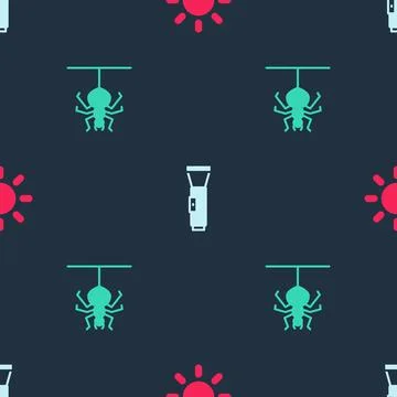 Set Sun, Flashlight and Spider on seamless pattern. Vector 스톡 일러스트