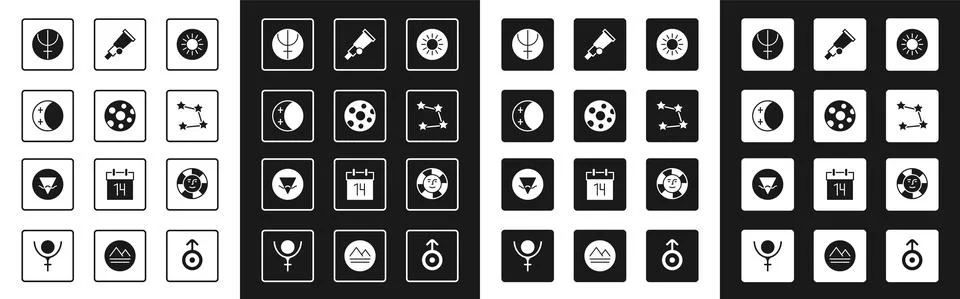 Set Sun, Full moon, Eclipse of the sun, Neptune planet, Star constellation Ilustração Stock