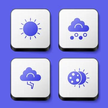 Set Sun, Hail cloud, Cloud and lightning and Eclipse of the sun icon. White.. 스톡 일러스트