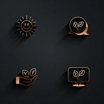 Set Sun, Leaf, in hand and  icon with long shadow. Vector Stock Illustration
