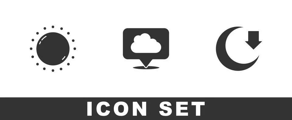 Set Sun, Location cloud and Moon icon. Vector Illustrazione stock