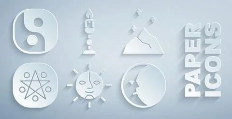 Set Sun, Magic powder, Pentagram in circle, Moon, Burning candle and Yin Yang Ilustração Stock