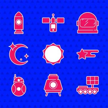 Set Sun, Mars rover, Falling star, Robot, Moon and stars, Astronaut helmet and Ilustração Stock