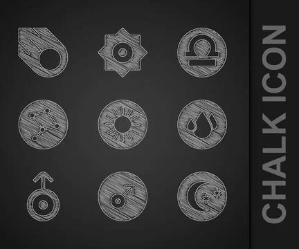 Set Sun, Mars symbol, Moon and stars, Water drop, Symbol Uranus, Great Bear c Ilustração Stock