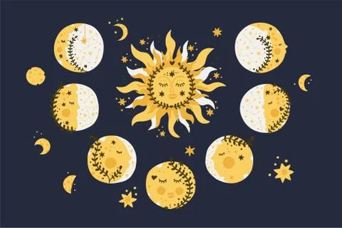 Set sun, moon and star vector in vintage style. Stock Illustration