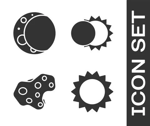 Set Sun, Moon, Asteroid and Eclipse of the sun icon. Vector Stock Illustration