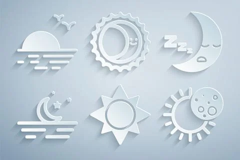 Set Sun, Moon icon, and stars, Eclipse of the sun, and Sunset icon. Vector Ilustração Stock
