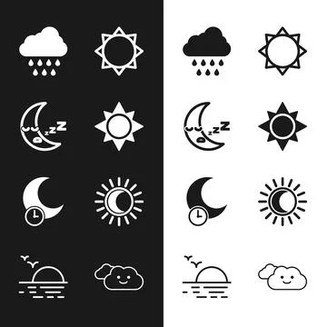 Set Sun, Moon icon, Cloud with rain, Sleeping moon, Eclipse of the sun, and Stock Illustration