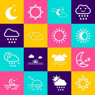 Set Sun, Moon icon, Eclipse of the sun, Cloud with moon and stars, rain, and Ilustração Stock