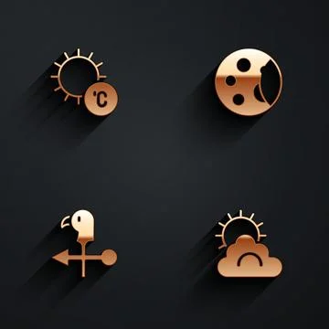 Set Sun, Moon phases, Rooster weather vane and and cloud icon with long shadow Ilustração Stock