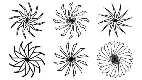 Set of sun or flower shape outline isolated on white. Circular shape with petals Stock-Illustration