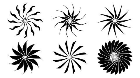 Set of sun or flower shape silhouette isolated on white. Circular shape Illustrazione stock
