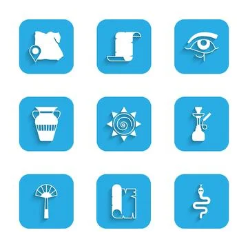 Set Sun, Papyrus scroll, Snake, Hookah, Egyptian fan, vase, Eye of Horus and Map Stock Illustration