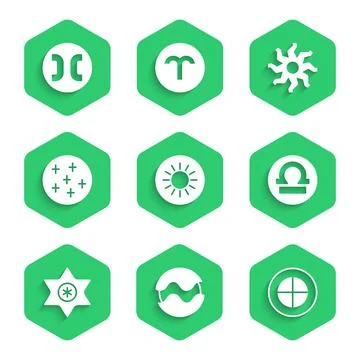 Set Sun, Planet, Earth globe, Libra zodiac, Falling star, Full moon,  and P.. Ilustração Stock