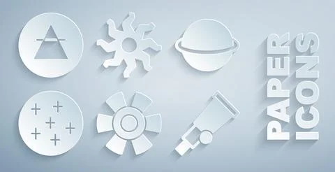 Set Sun, Planet Saturn, Full moon, Telescope,  and Air element icon. Vector Ilustração Stock