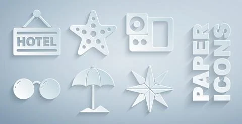 Set Sun protective umbrella for beach, Photo camera, Glasses, Wind rose Stock Illustration