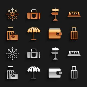 Set Sun protective umbrella for beach, Taxi car roof, Suitcase, Wallet, Road Illustration
