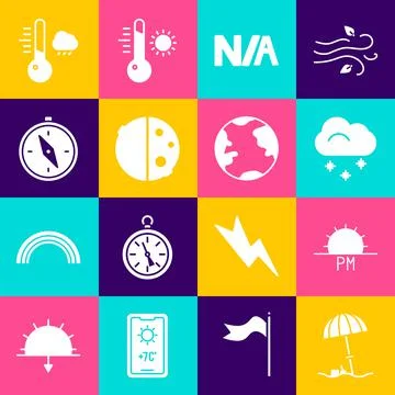 Set Sun protective umbrella for beach, Sunset, Cloud with snow, Not applicable Stock Illustration