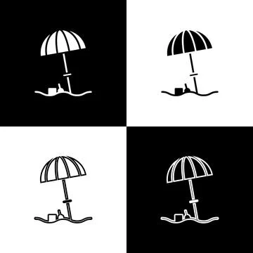 Set Sun protective umbrella for beach icon isolated on black and white back.. Stock Illustration