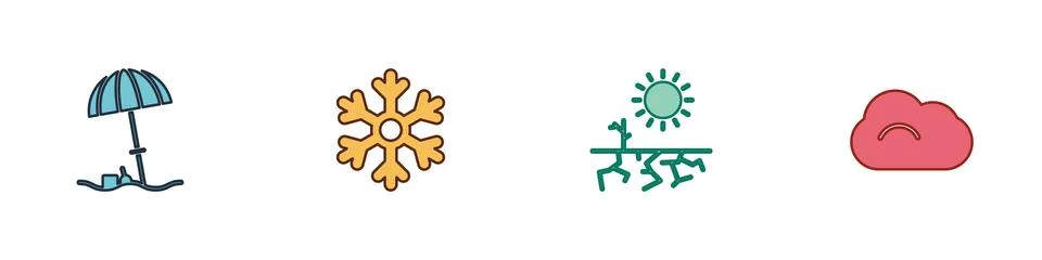 Set Sun protective umbrella for beach, Snowflake, Drought and Cloud icon. Vec Stock Illustration