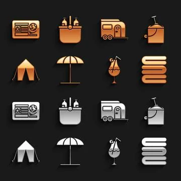 Set Sun protective umbrella for beach, Sand in bucket with shovel, Towel st.. Stock Illustration