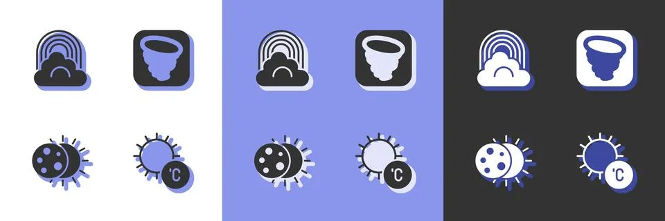 Set Sun, Rainbow with cloud, Eclipse of the sun and Tornado icon. Vector Illustrazione stock