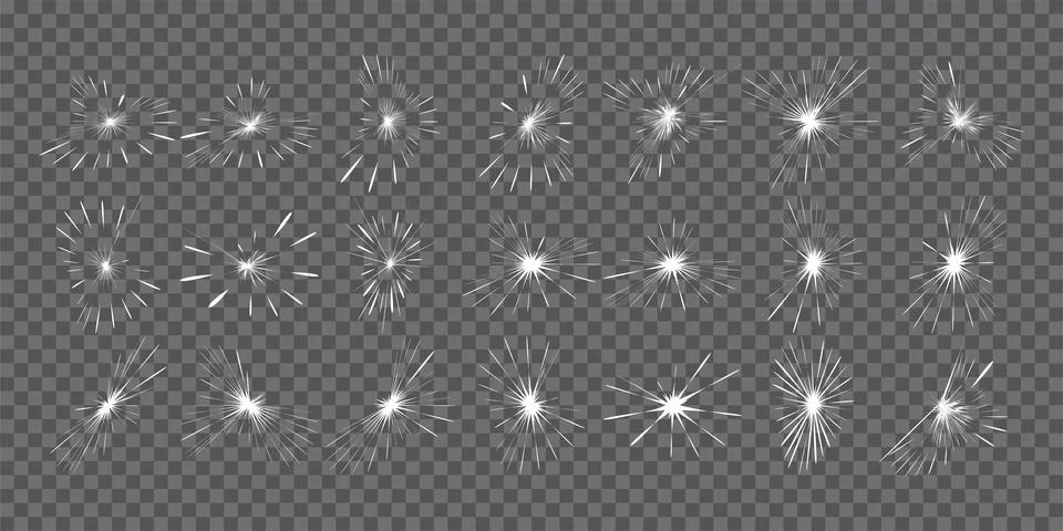 Set of sun rays and starbursts. Abstract white beam glow explosion and shine Stock Illustration