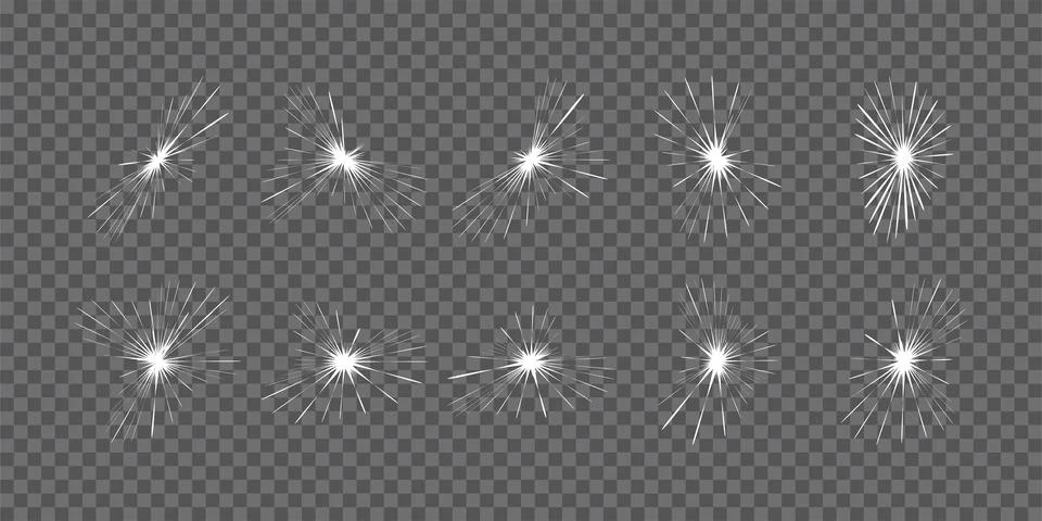 Set of sun rays and starbursts. Abstract white beam glow explosion and shine Stock Illustration