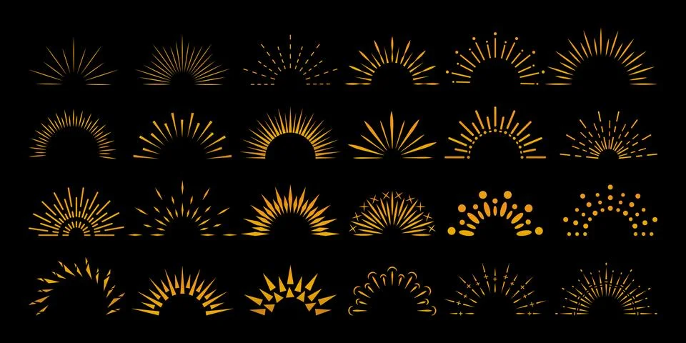 Set of sun ray's icons of various shapes isolated on black background Illustrazione stock