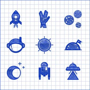 Set Sun, Robot, UFO flying spaceship, Planet with flag, Moon and stars, Astro Ilustração Stock